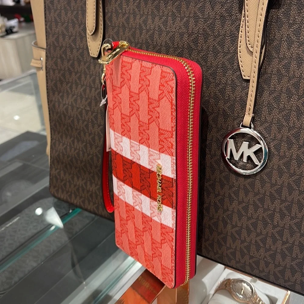 MICHAEL KORS Leather Continental Phone Holder Wristlet Wallet Dark Sungria NWT